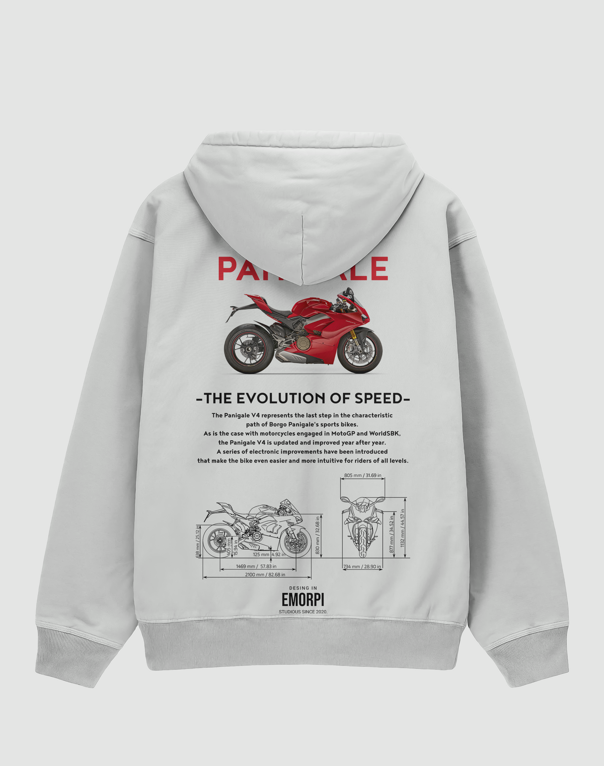 Ducati Panigale baskılı oversize hoodie, beyaz, arkadan görünüm. Ducati Panigale V4 çizimli THE EVOLUTION OF SPEED sırt baskısı