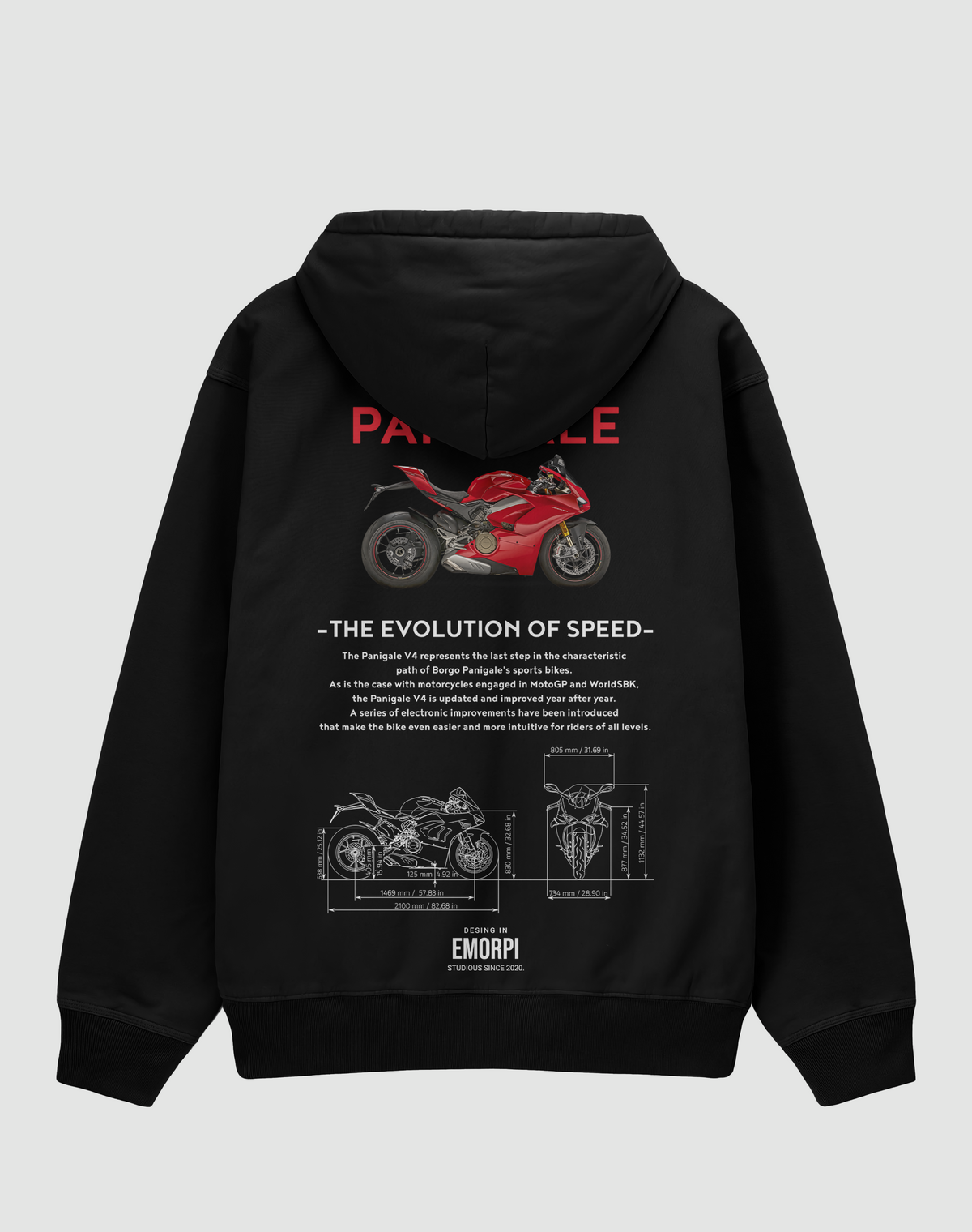 Ducati Panigale baskılı oversize hoodie, siyah, arkadan görünüm. Ducati Panigale V4 çizimli THE EVOLUTION OF SPEED sırt baskısı