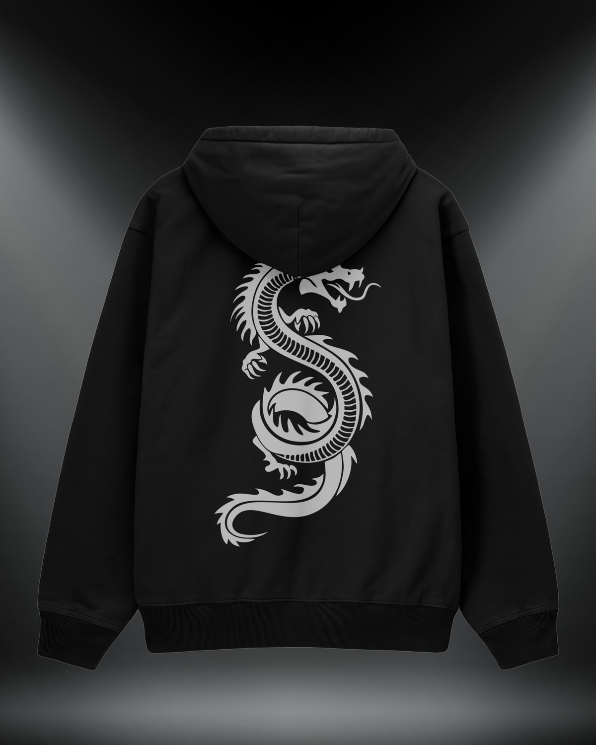 Ejderha reflektörlü oversize motorcu hoodie, siyah, sırtta ejderha baskısı