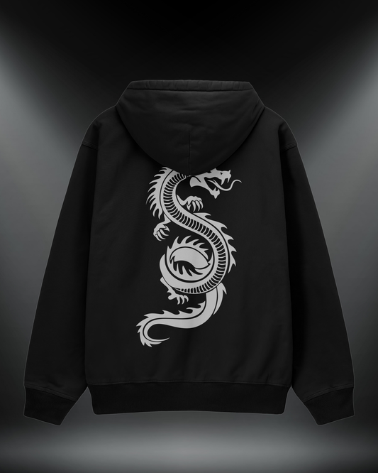 Ejderha reflektörlü oversize motorcu hoodie, siyah, sırtta ejderha baskısı