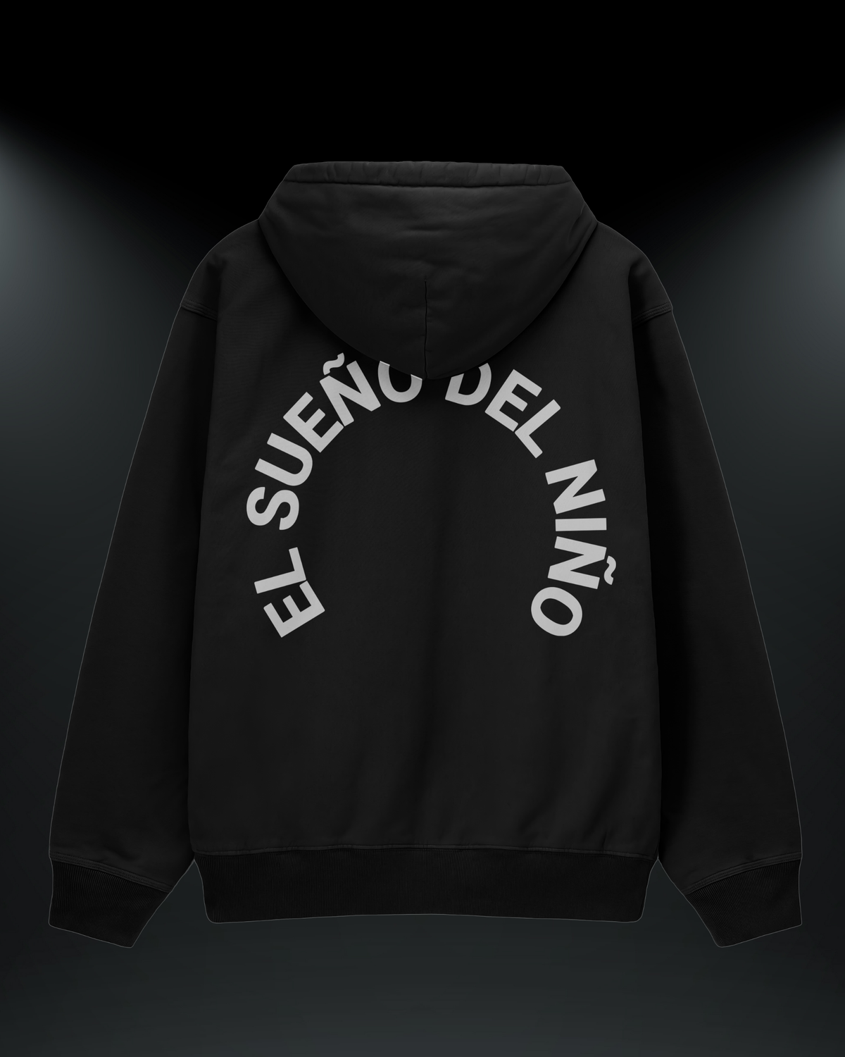El Sueño Del Niño reflektörlü oversize motorcu hoodie, siyah, arkadan görünüm. Reflektörlü EL SUEÑO DEL NIÑO sırt yazısı, gece görünürlük