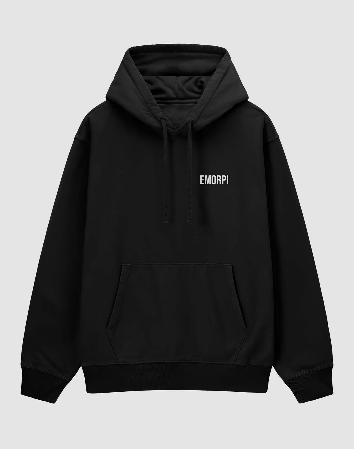 Emorpi siyah oversize motorcu hoodie, önden görünüm, göğüste küçük Emorpi yazısı