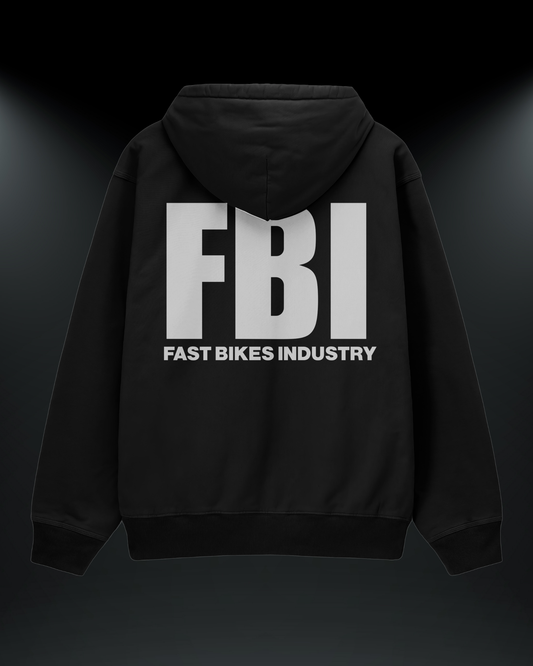 FBI reflektörlü oversize motorcu hoodie, siyah, arkadan görünüm. Reflektörlü FBI – Fast Bikes Industry sırt baskısı, gece görünürlük