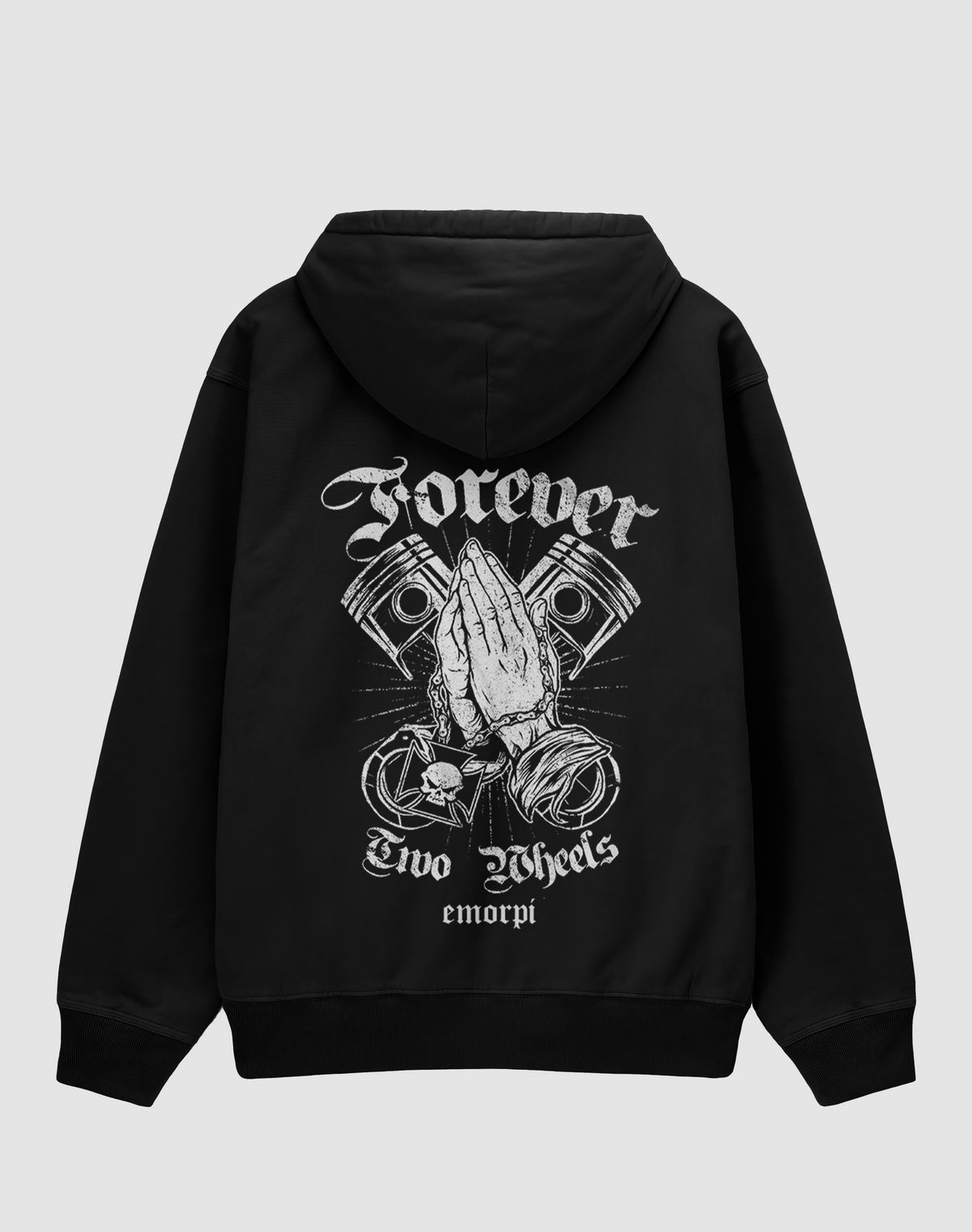Forever Two Wheels baskılı oversize motorcu hoodie, siyah, arkadan görünüm. Pistonlar ve dua eden eller, Forever Two Wheels sırt baskısı