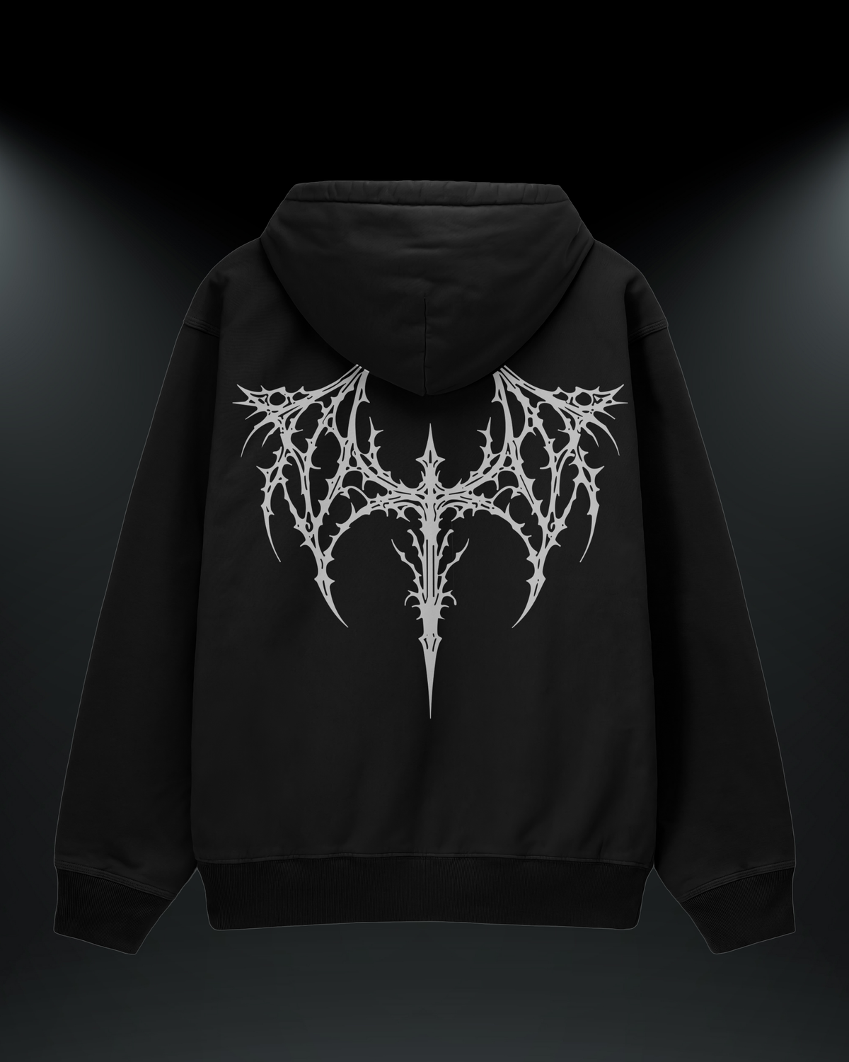 Gotik baskılı reflektörlü siyah oversize motorcu hoodie, arkadan görünüm