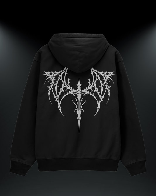 Gotik baskılı reflektörlü oversize motorcu hoodie, siyah, sırtta gotik kanat deseni