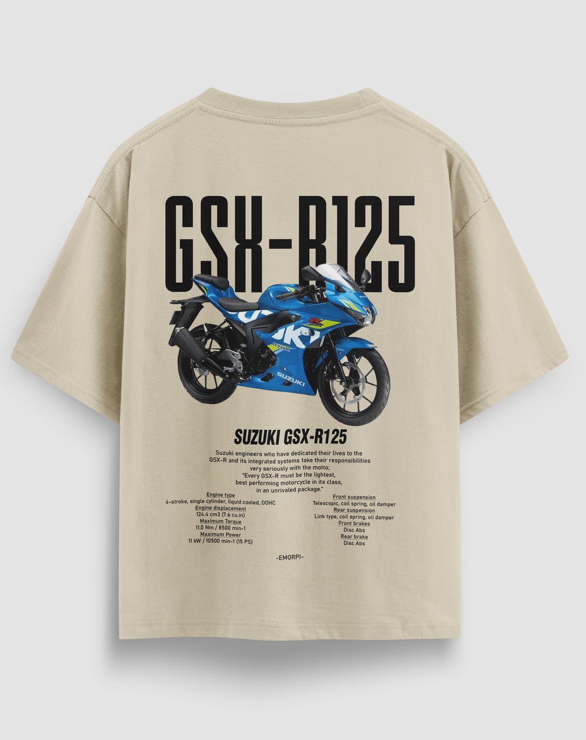 GSX-R125 baskılı motorcu tişört, bej, arkadan görünüm. Suzuki GSX-R125 çizimli sırt baskısı
