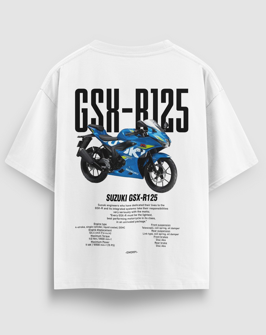 GSX-R125 baskılı motorcu tişört, beyaz, arkadan görünüm. Suzuki GSX-R125 çizimli sırt baskısı
