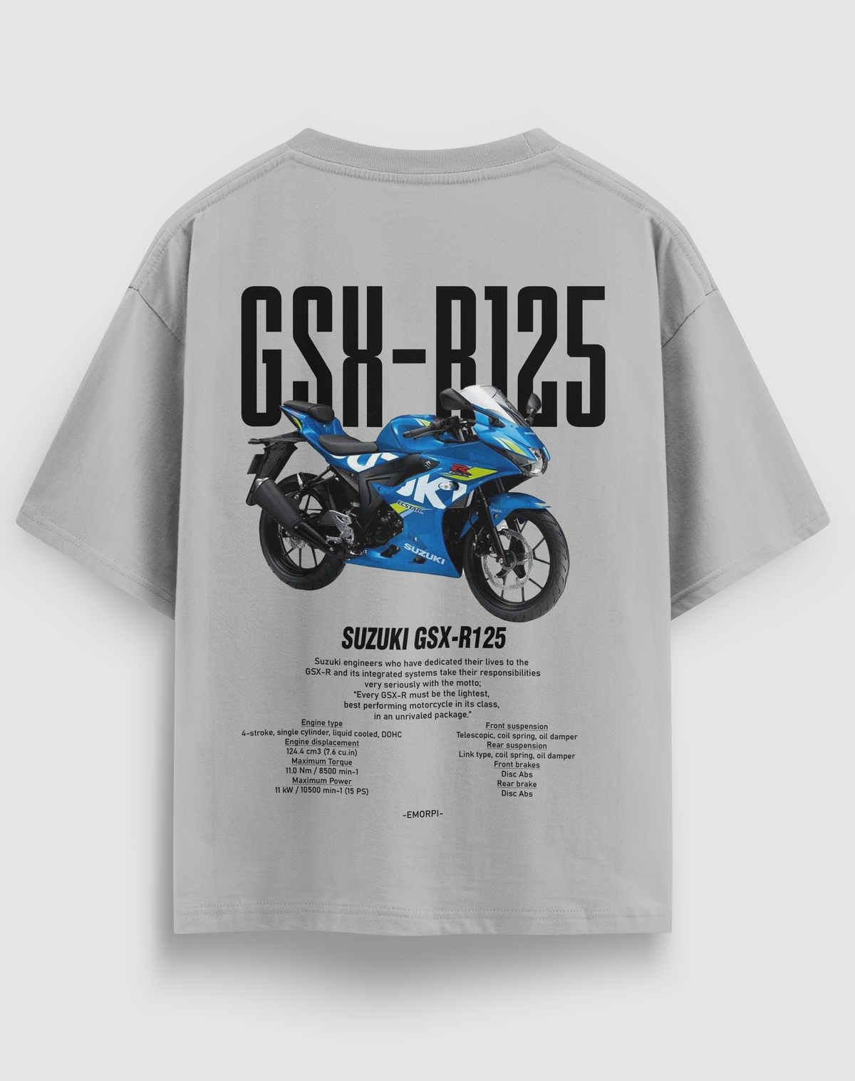 GSX-R125 baskılı motorcu tişört, gri, arkadan görünüm. Suzuki GSX-R125 çizimli sırt baskısı