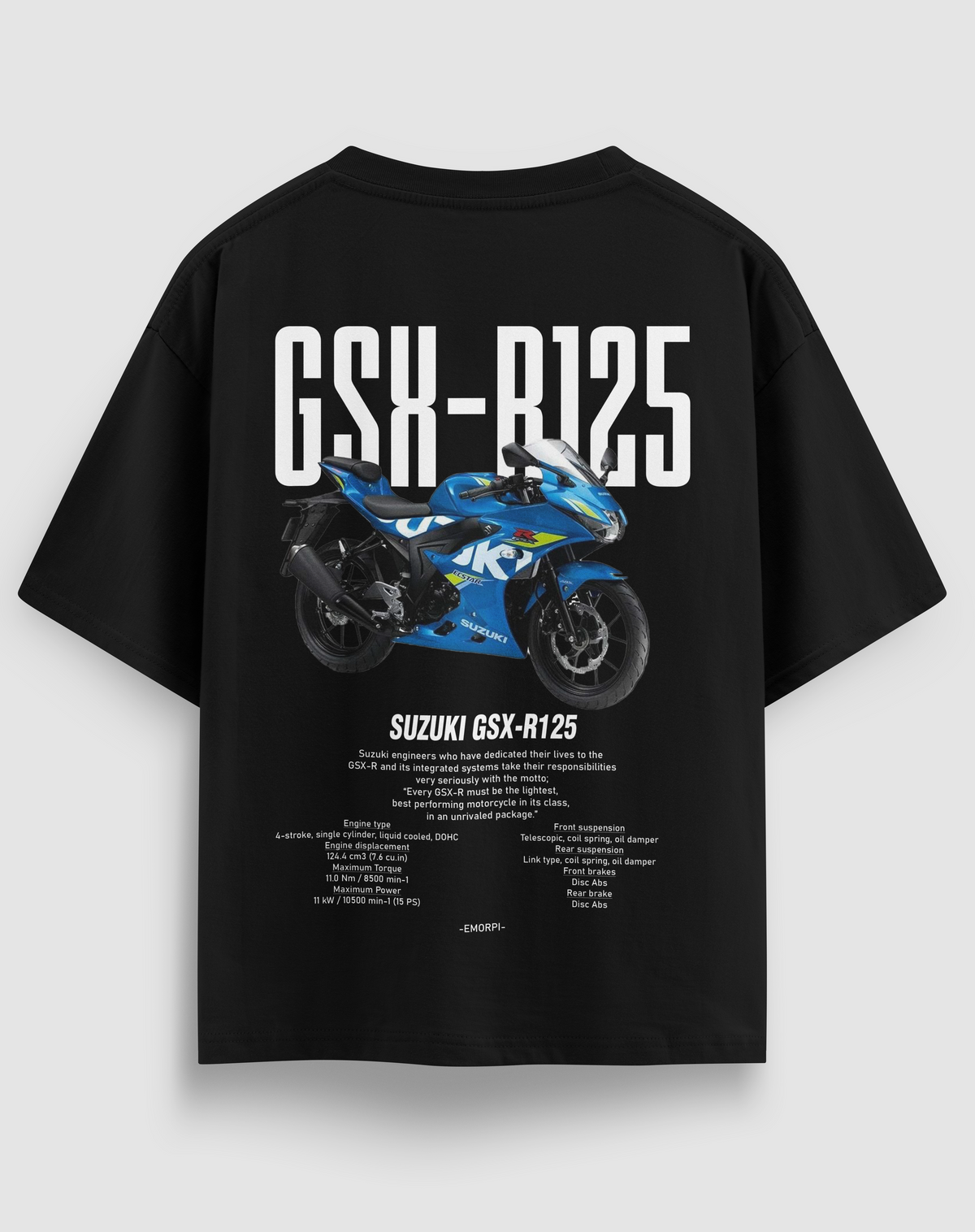GSX-R125 baskılı motorcu tişört, siyah, arkadan görünüm. Suzuki GSX-R125 çizimli sırt baskısı
