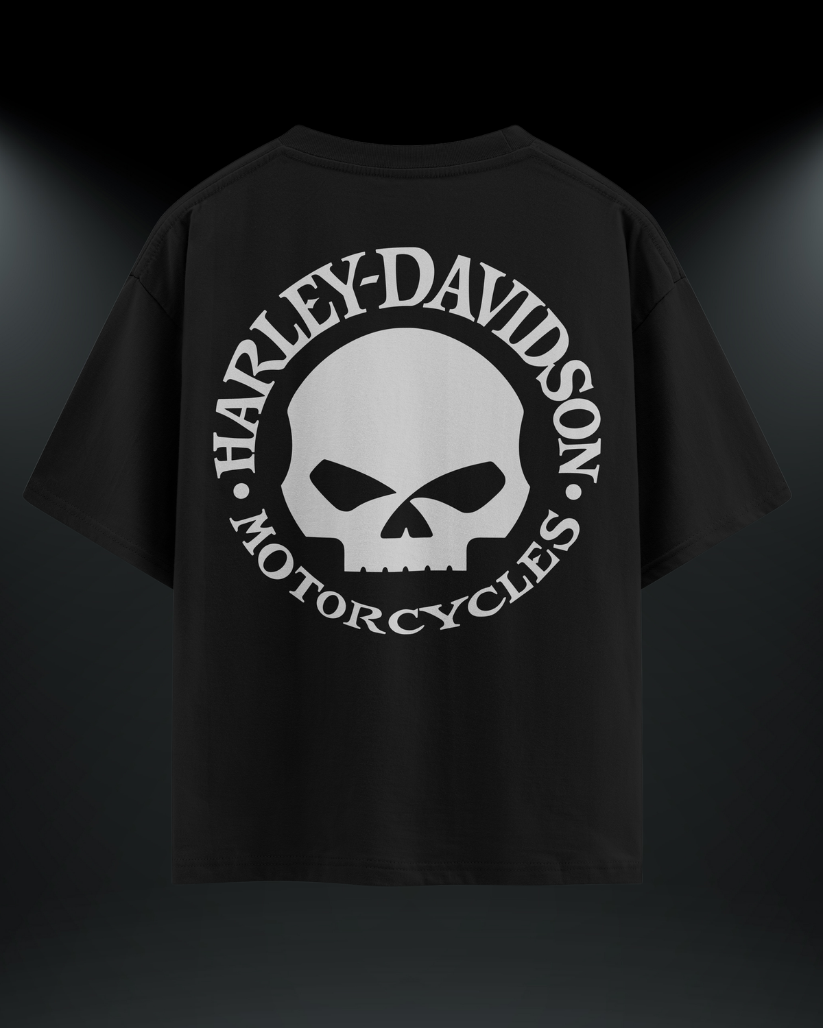 Harley kurukafa reflektör baskılı motorcu tişört, siyah, arkadan görünüm. Reflektörlü Harley-Davidson kurukafa sırt baskısı