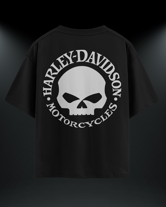 Harley kurukafa reflektör baskılı motorcu tişört, siyah, arkadan görünüm. Reflektörlü Harley-Davidson kurukafa sırt baskısı