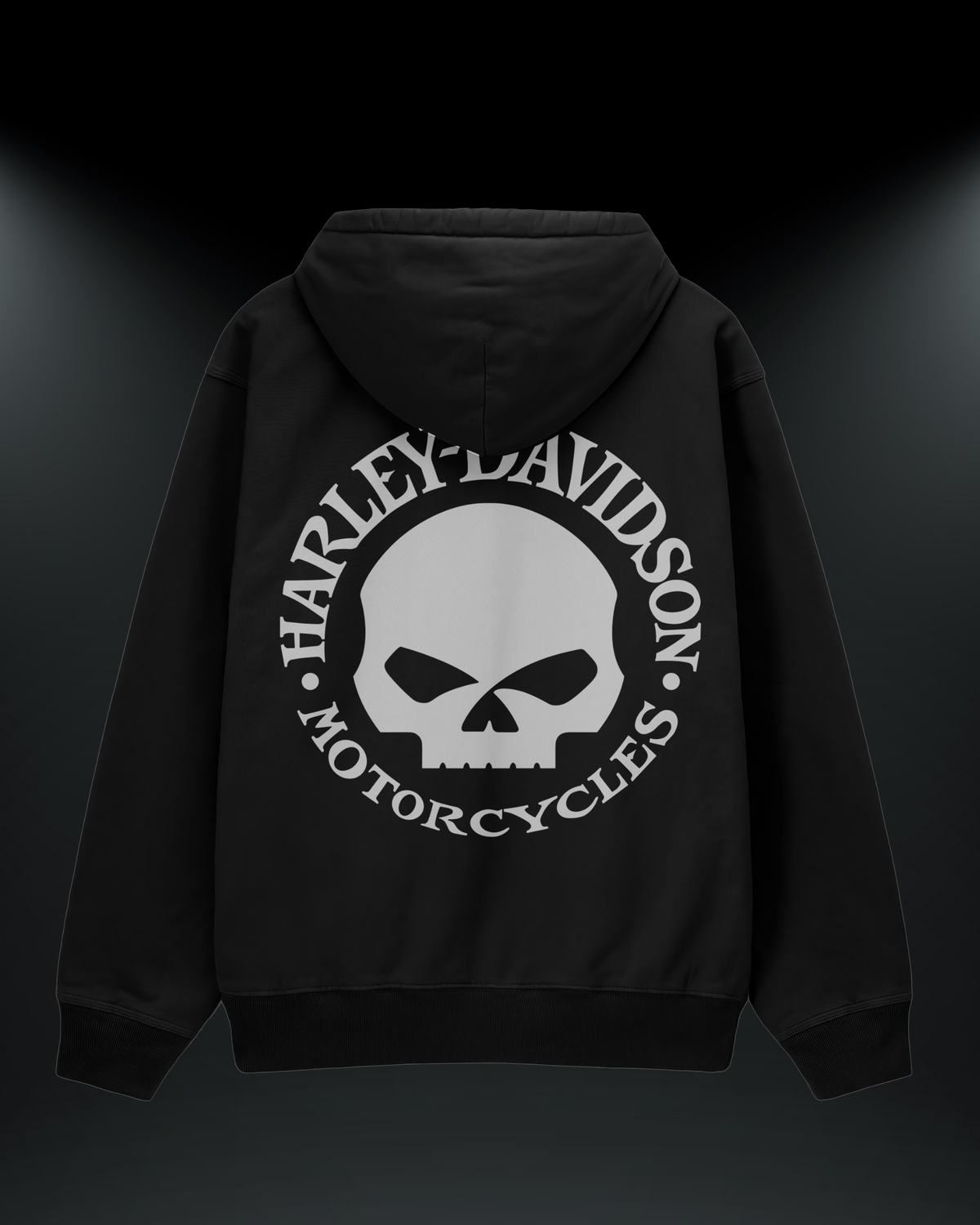 Harley kurukafa reflektörlü oversize motorcu hoodie, siyah, arkadan görünüm. Reflektörlü Harley-Davidson kurukafa sırt baskısı, gece görünürlük
