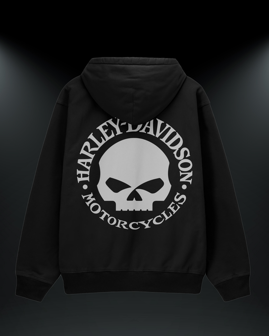 Harley kurukafa reflektörlü oversize motorcu hoodie, siyah, arkadan görünüm. Reflektörlü Harley-Davidson kurukafa sırt baskısı, gece görünürlük