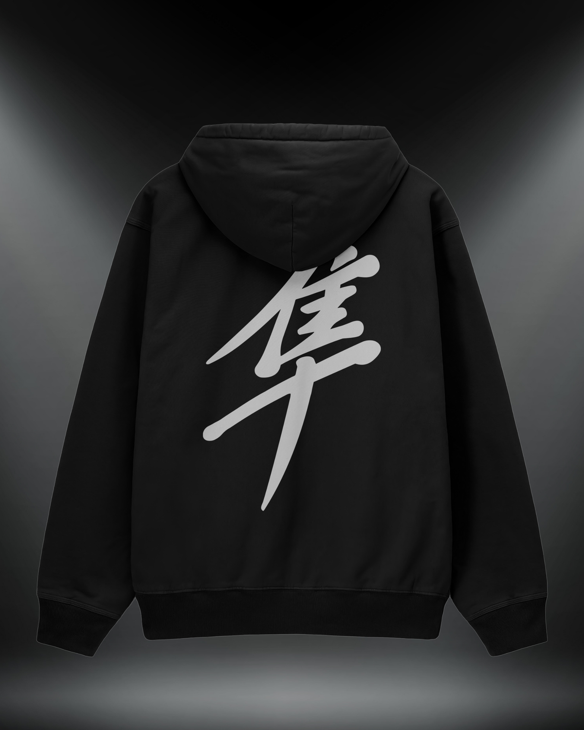Hayabusa reflektörlü oversize motorcu hoodie, siyah, sırtta Hayabusa kanji baskısı