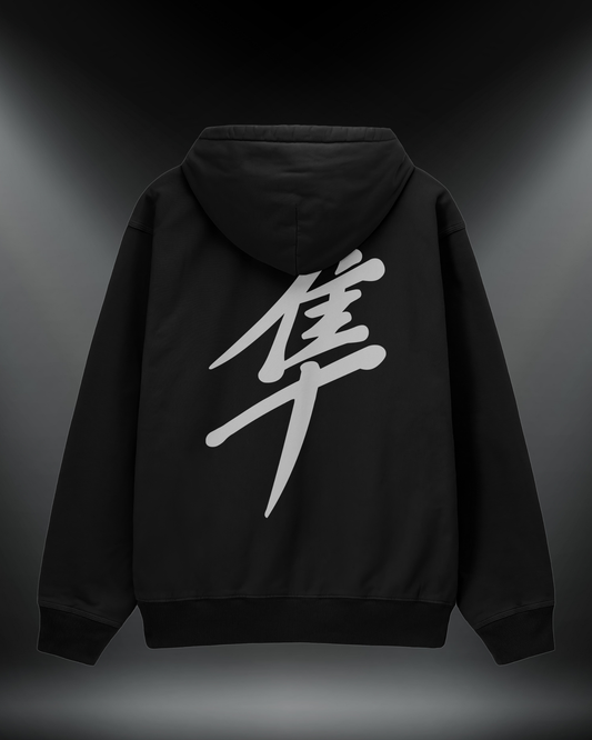 Hayabusa reflektörlü oversize motorcu hoodie, siyah, sırtta Hayabusa kanji baskısı