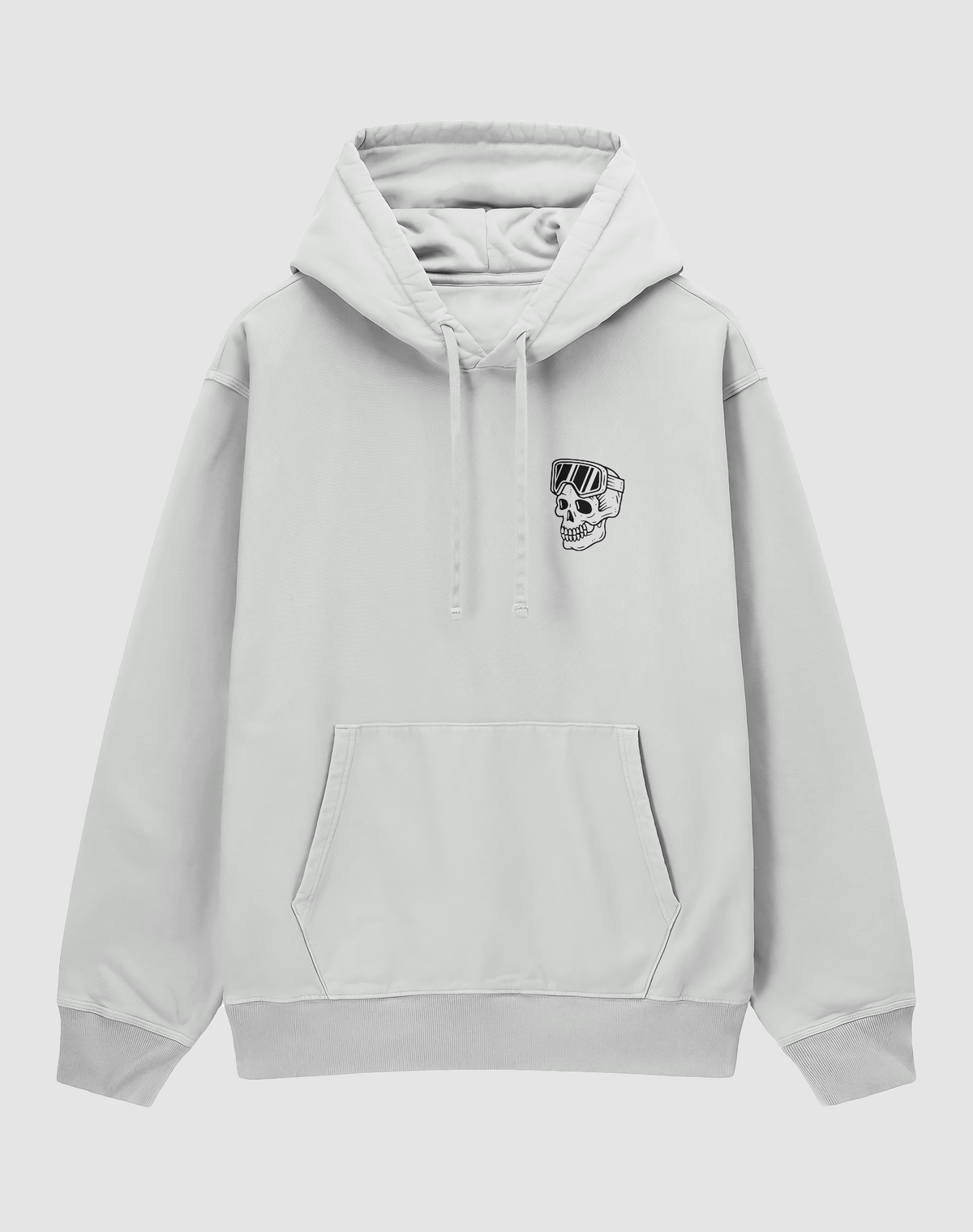Headset baskılı oversize hoodie, beyaz, önden görünüm. Göğüste gözlüklü kurukafa baskısı
