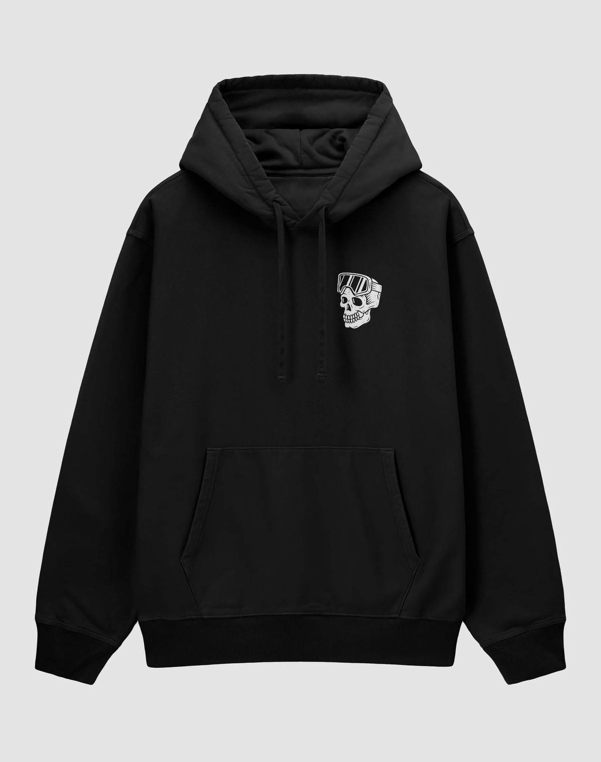 Headset baskılı oversize hoodie, siyah, önden görünüm. Göğüste gözlüklü kurukafa baskısı
