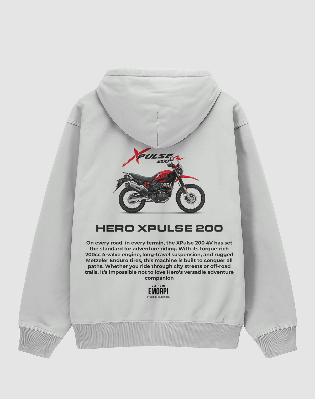 Hero XPulse 200 baskılı oversize hoodie, beyaz, arkadan görünüm. Hero XPulse 200 çizimli sırt baskısı