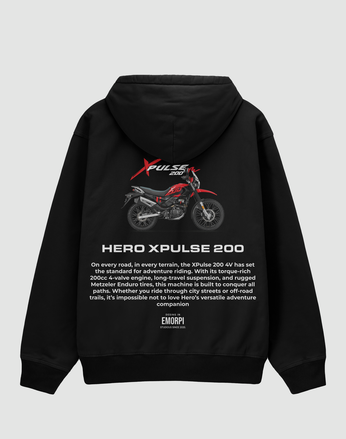Hero XPulse 200 baskılı oversize hoodie, siyah, arkadan görünüm. Hero XPulse 200 çizimli sırt baskısı
