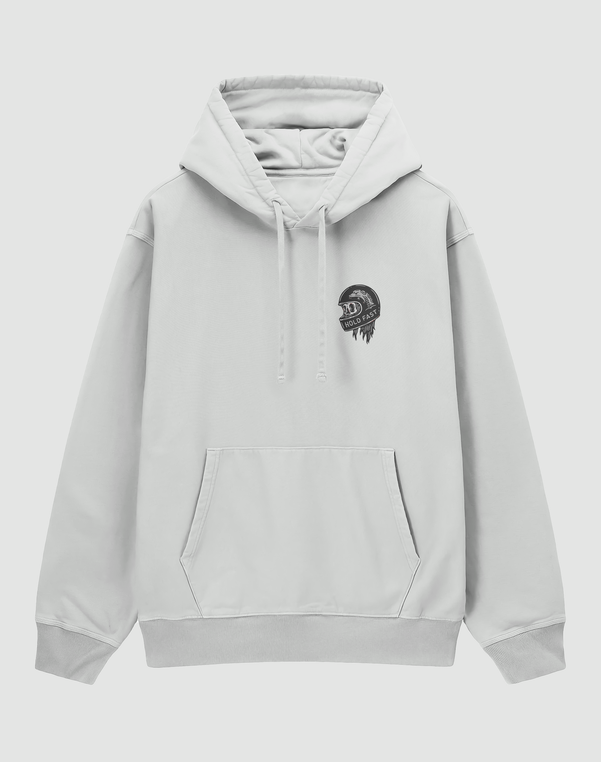 Hold Fast baskılı oversize hoodie, beyaz, önden görünüm. Göğüste kasklı kurukafa ve HOLD FAST şeridi