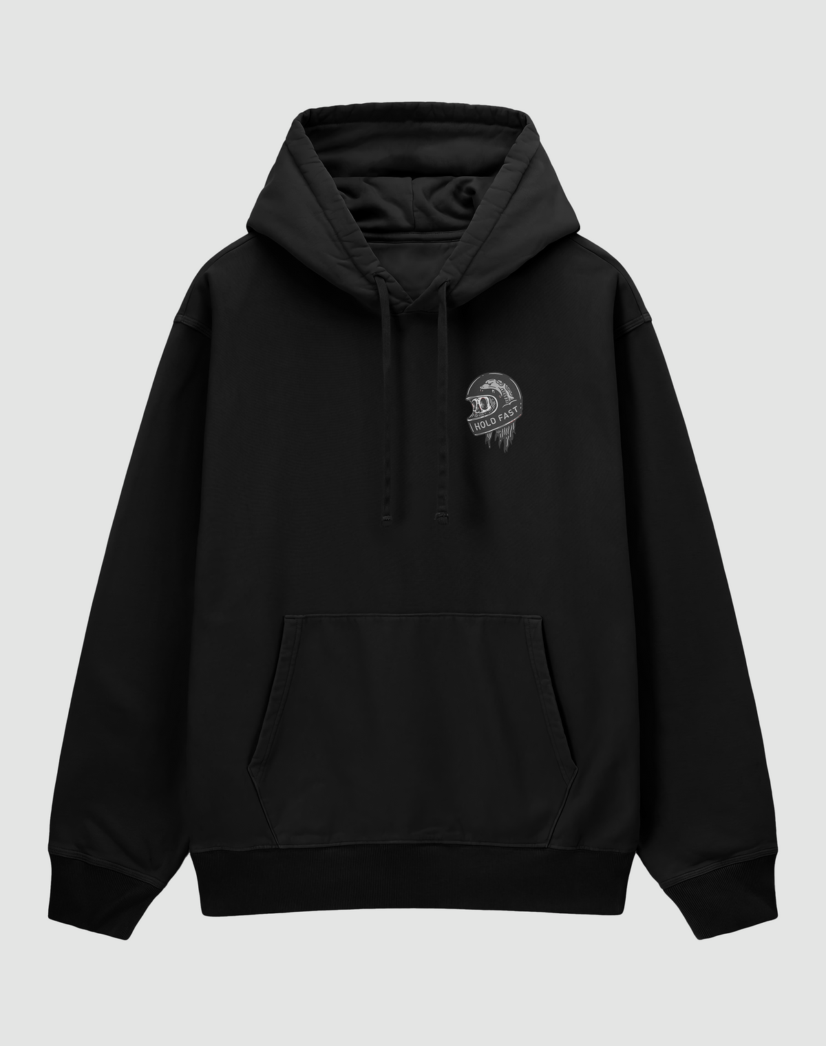 Hold Fast baskılı oversize hoodie, siyah, önden görünüm. Göğüste kasklı kurukafa ve HOLD FAST şeridi