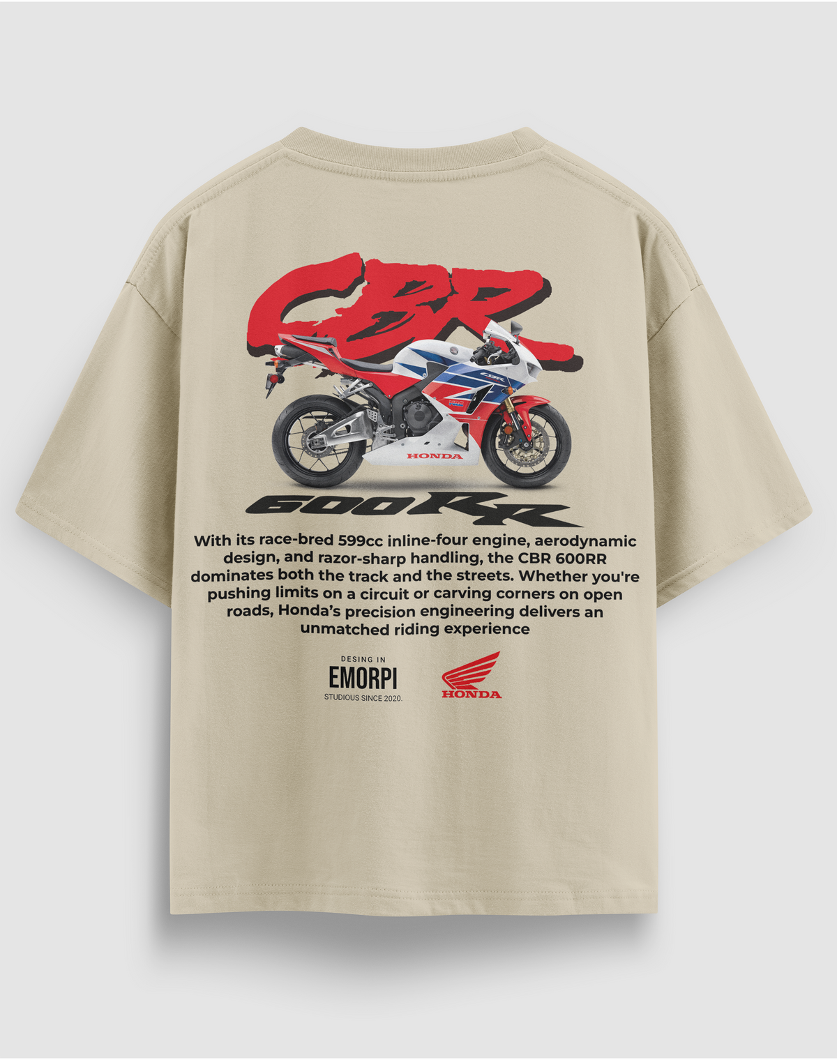 Honda CBR 600RR baskılı motorcu tişört, bej, arkadan görünüm. Honda CBR 600RR çizimli sırt baskısı
