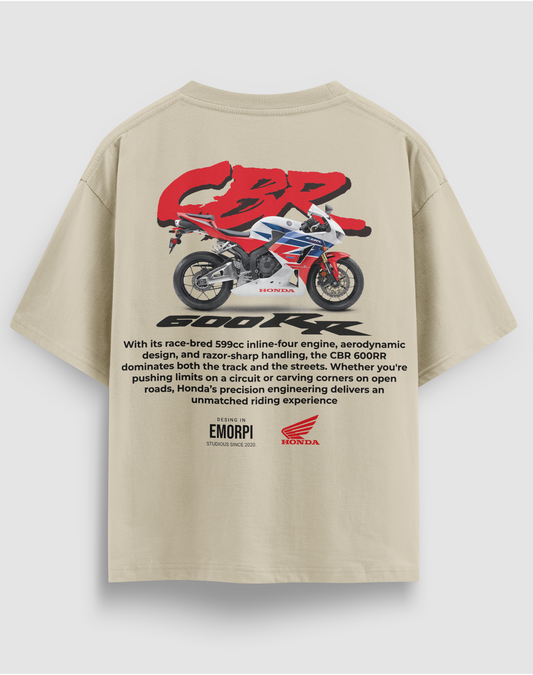 Honda CBR 600RR baskılı motorcu tişört, bej, arkadan görünüm. Honda CBR 600RR çizimli sırt baskısı