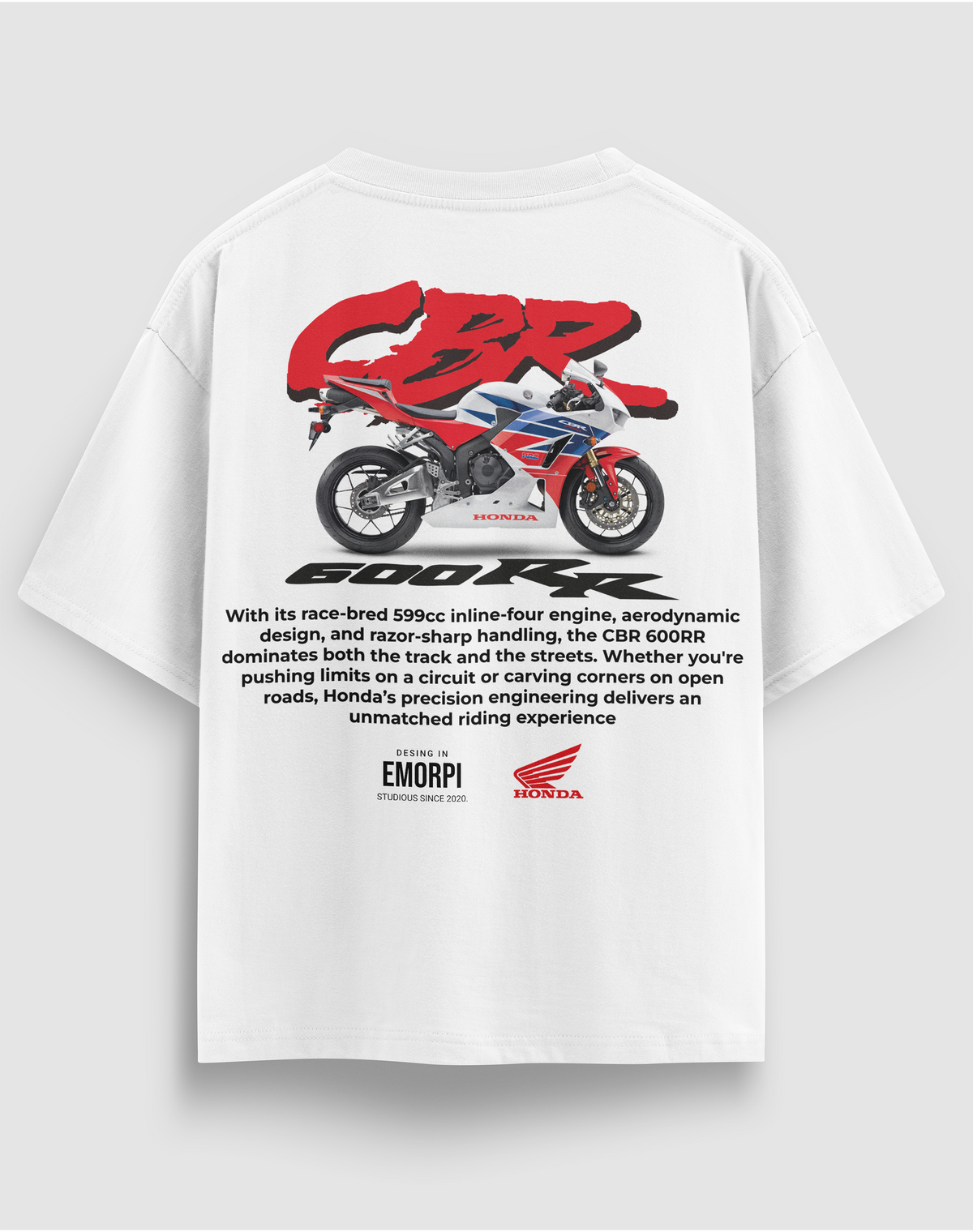 Honda CBR 600RR baskılı motorcu tişört, beyaz, arkadan görünüm. Honda CBR 600RR çizimli sırt baskısı