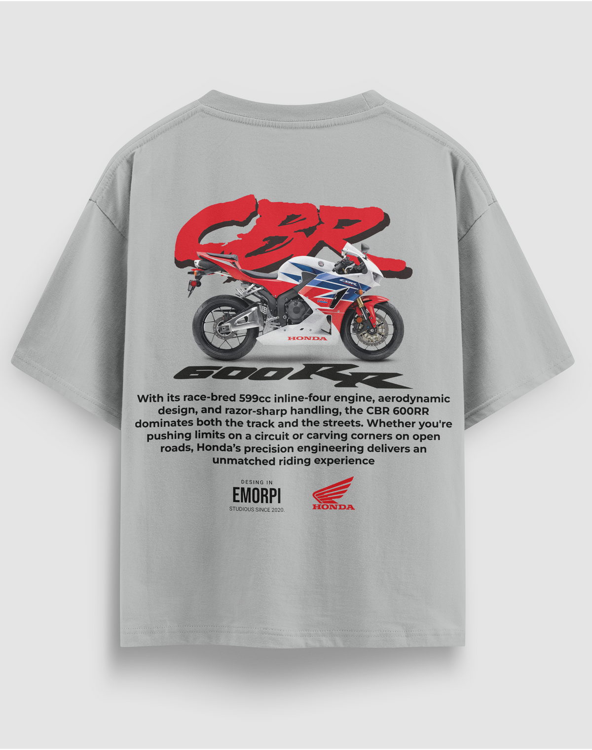 Honda CBR 600RR baskılı motorcu tişört, gri, arkadan görünüm. Honda CBR 600RR çizimli sırt baskısı