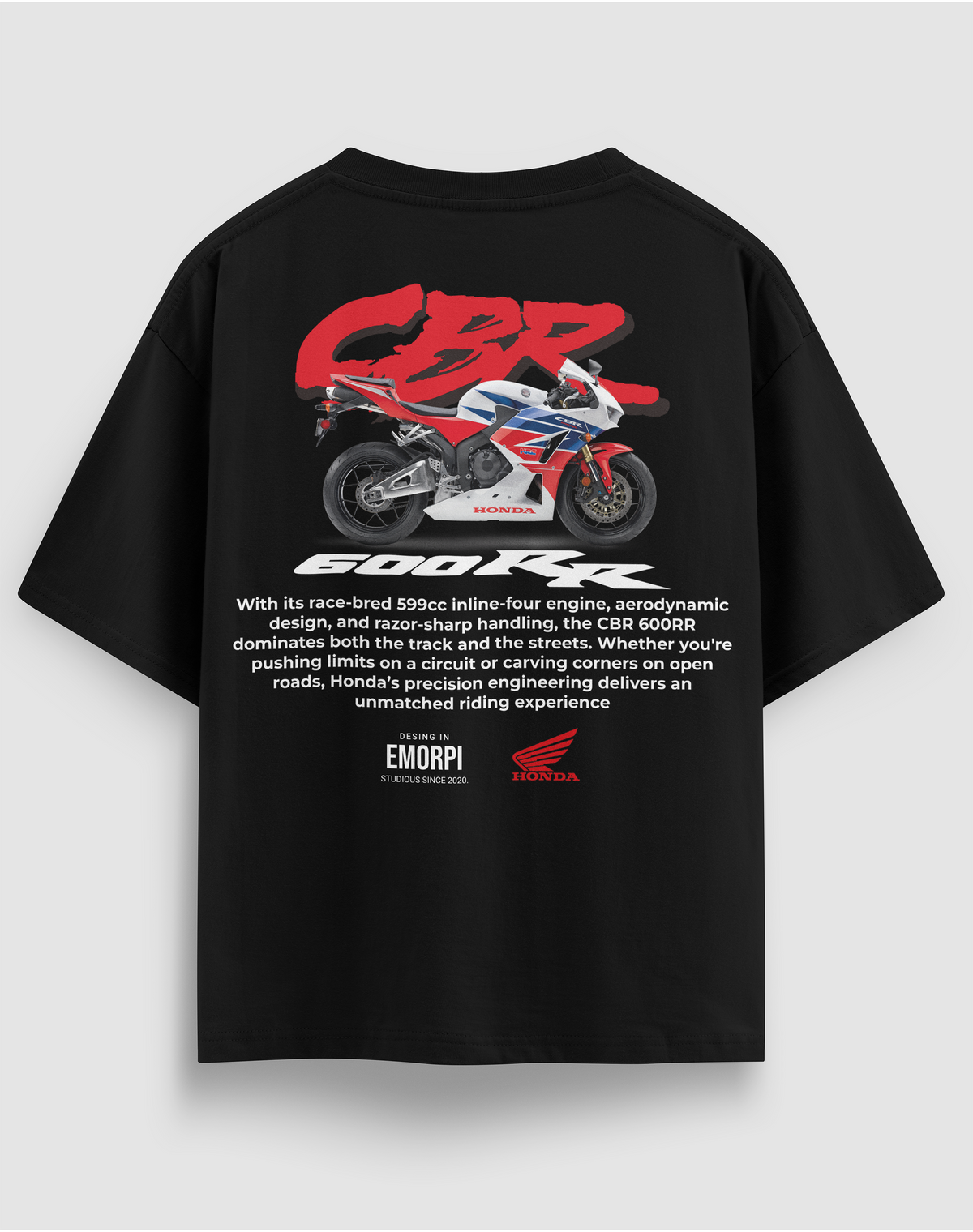 Honda CBR 600RR baskılı motorcu tişört, siyah, arkadan görünüm. Honda CBR 600RR çizimli sırt baskısı