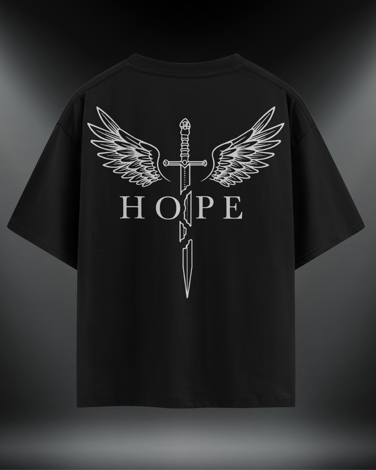 Hope reflektör baskılı motorcu tişört, siyah, sırtta kanatlı kılıç ve Hope yazısı