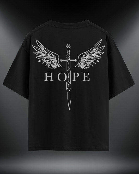 Hope reflektör baskılı motorcu tişört, siyah, sırtta kanatlı kılıç ve Hope yazısı