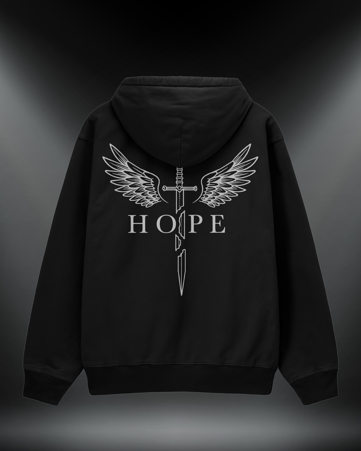 Hope reflektörlü oversize motorcu hoodie, siyah, sırtta kanatlı kılıç ve Hope yazısı