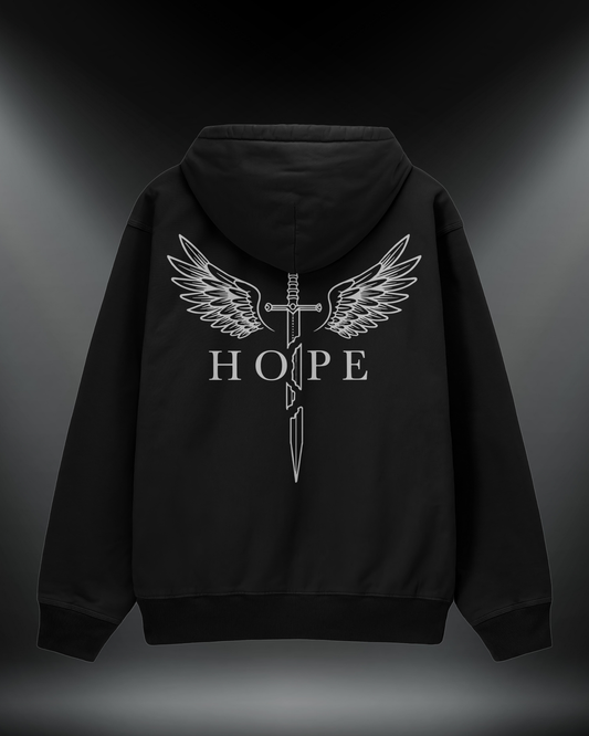 Hope reflektörlü oversize motorcu hoodie, siyah, sırtta kanatlı kılıç ve Hope yazısı