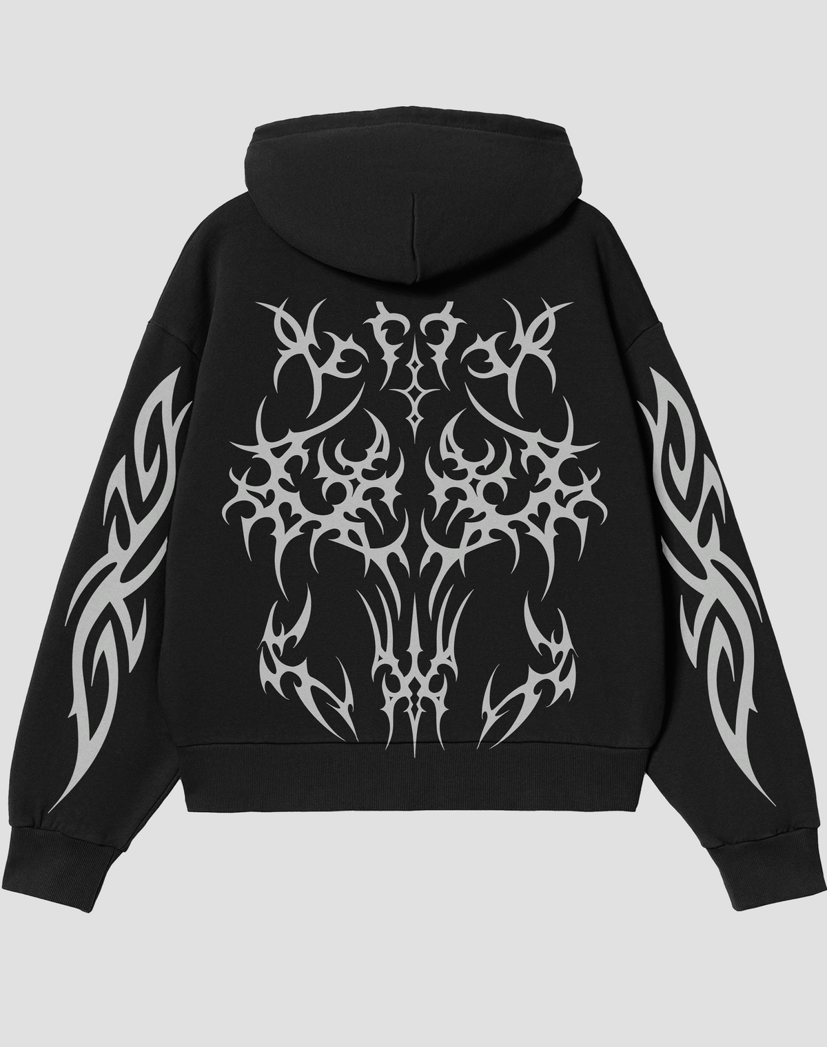 Iron Will reflektör baskılı fermuarlı yazlık hırka, siyah, arkadan görünüm. Reflektörlü gotik tribal sırt ve kol baskısı