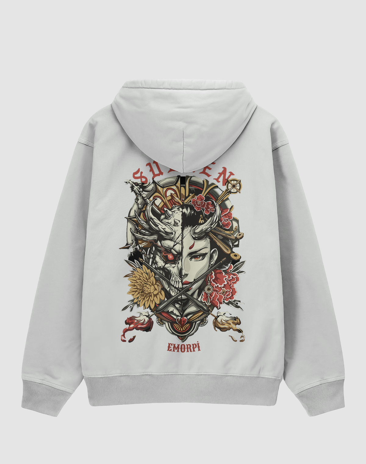 Japon kız baskılı oversize hoodie, beyaz, arkadan görünüm. Japon tarzı geyşa ve oni maskesi sırt baskısı, önde küçük baskı
