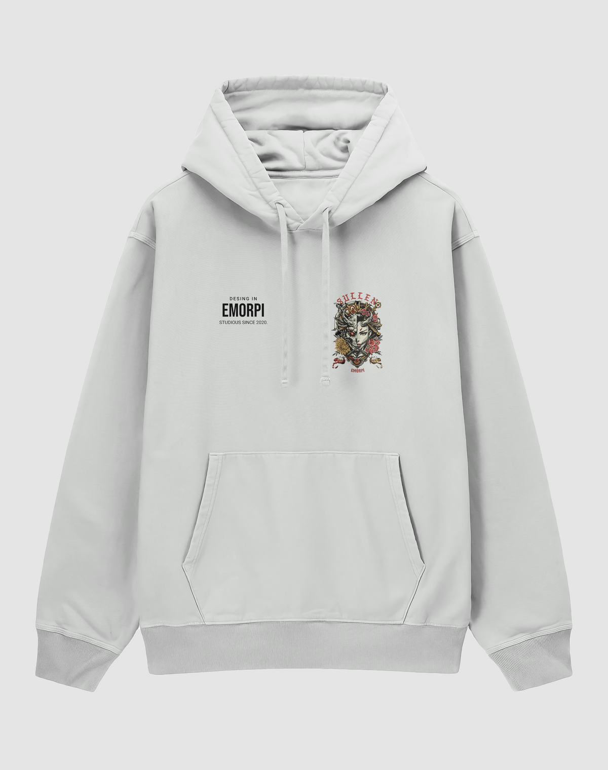 Japon kız baskılı oversize hoodie, beyaz, önden görünüm
