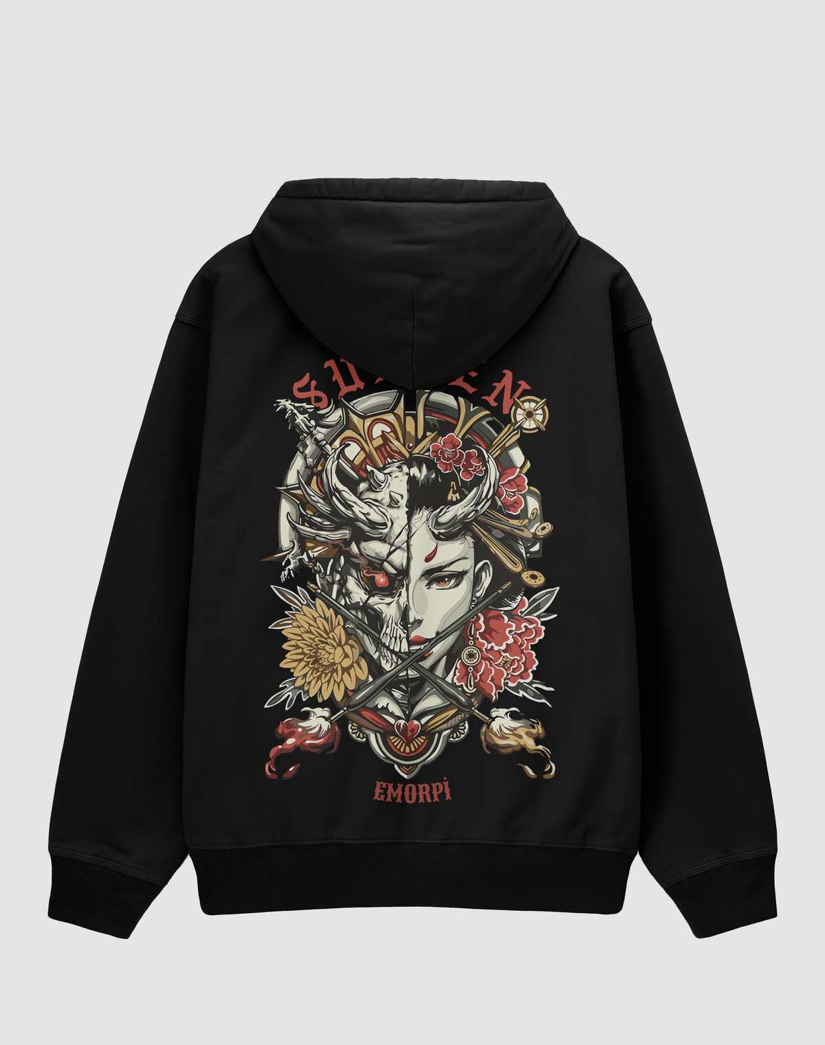 Japon kız baskılı oversize hoodie, siyah, arkadan görünüm. Japon tarzı geyşa ve oni maskesi sırt baskısı, önde küçük baskı