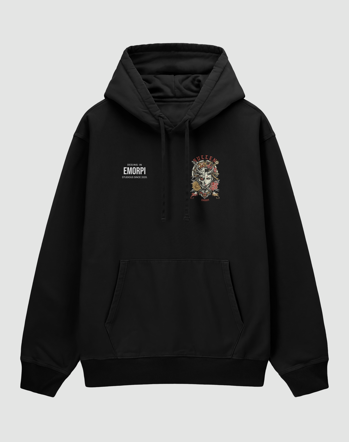 Japon kız baskılı oversize hoodie, siyah, önden görünüm