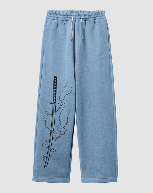 Katana Baskılı Açık Mavi Rahat Kalıp Arka Cepli Eşofman Altı