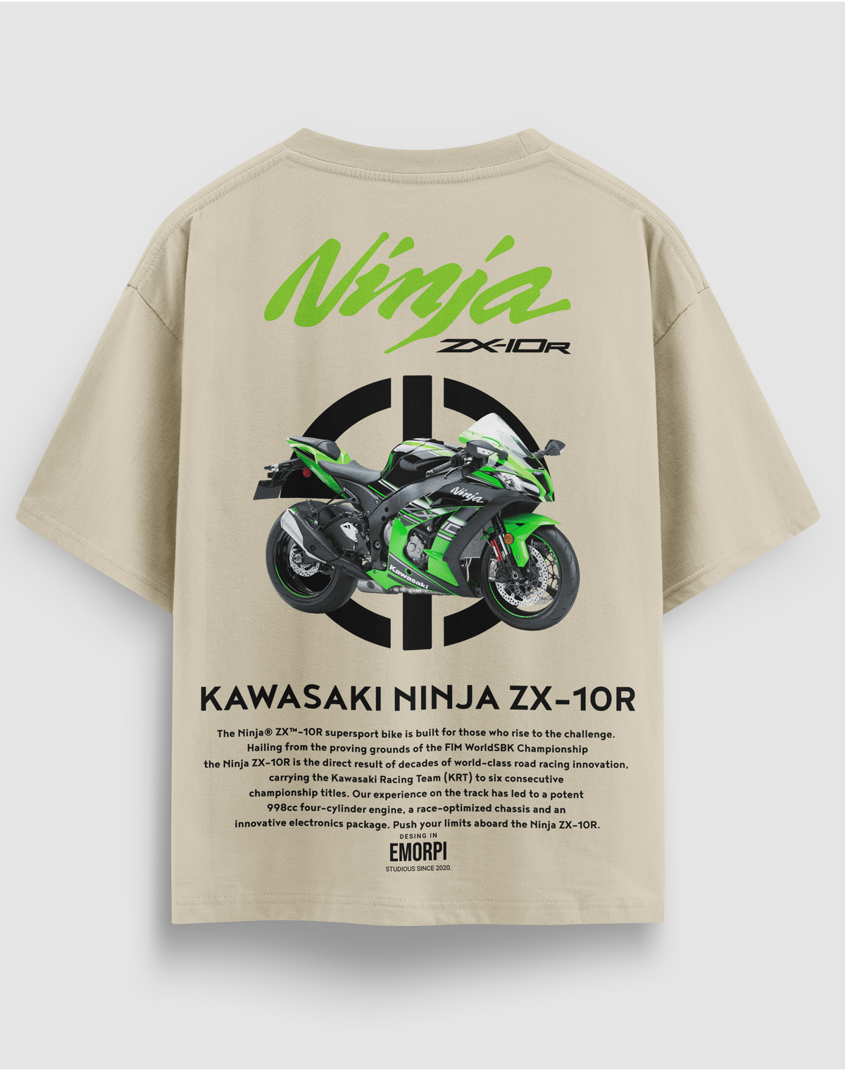 Kawasaki Ninja ZX-10R baskılı motorcu tişört, bej, arkadan görünüm. Kawasaki Ninja ZX-10R çizimli sırt baskısı