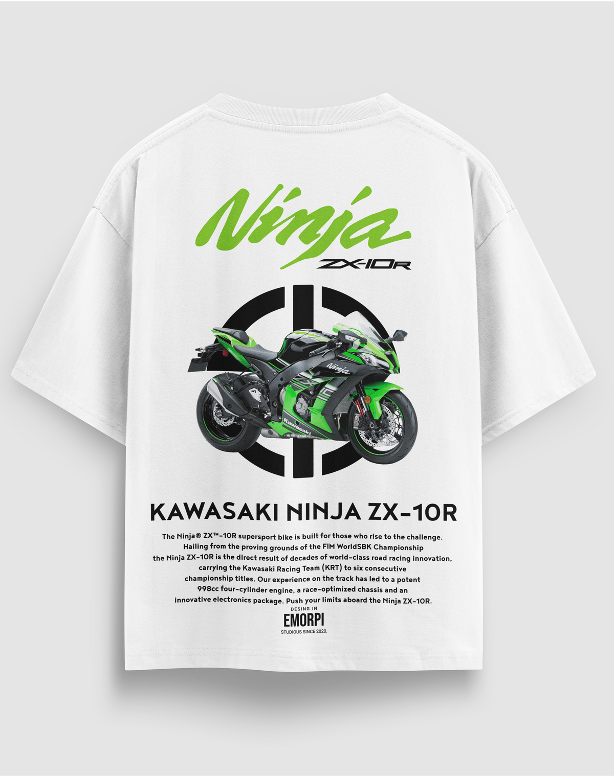 Kawasaki Ninja ZX-10R baskılı motorcu tişört, beyaz, arkadan görünüm. Kawasaki Ninja ZX-10R çizimli sırt baskısı