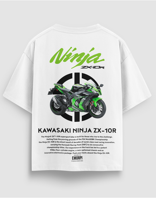 Kawasaki Ninja ZX-10R baskılı motorcu tişört, beyaz, arkadan görünüm. Kawasaki Ninja ZX-10R çizimli sırt baskısı
