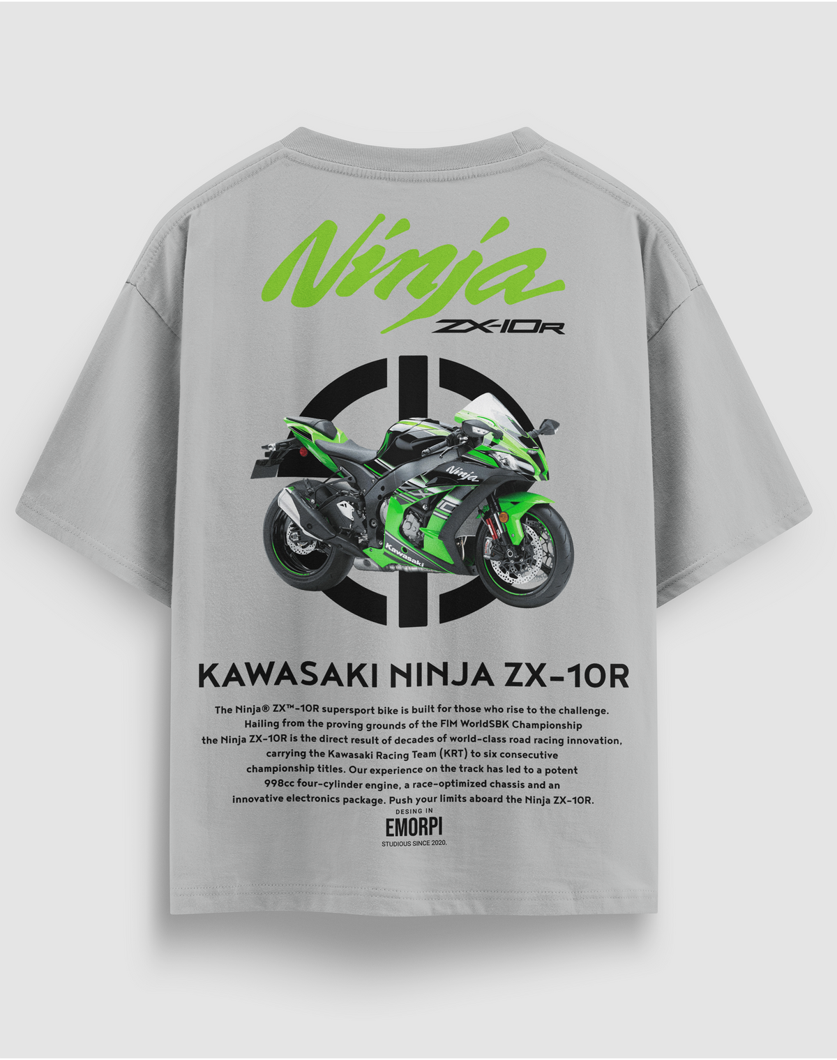 Kawasaki Ninja ZX-10R baskılı motorcu tişört, gri, arkadan görünüm. Kawasaki Ninja ZX-10R çizimli sırt baskısı