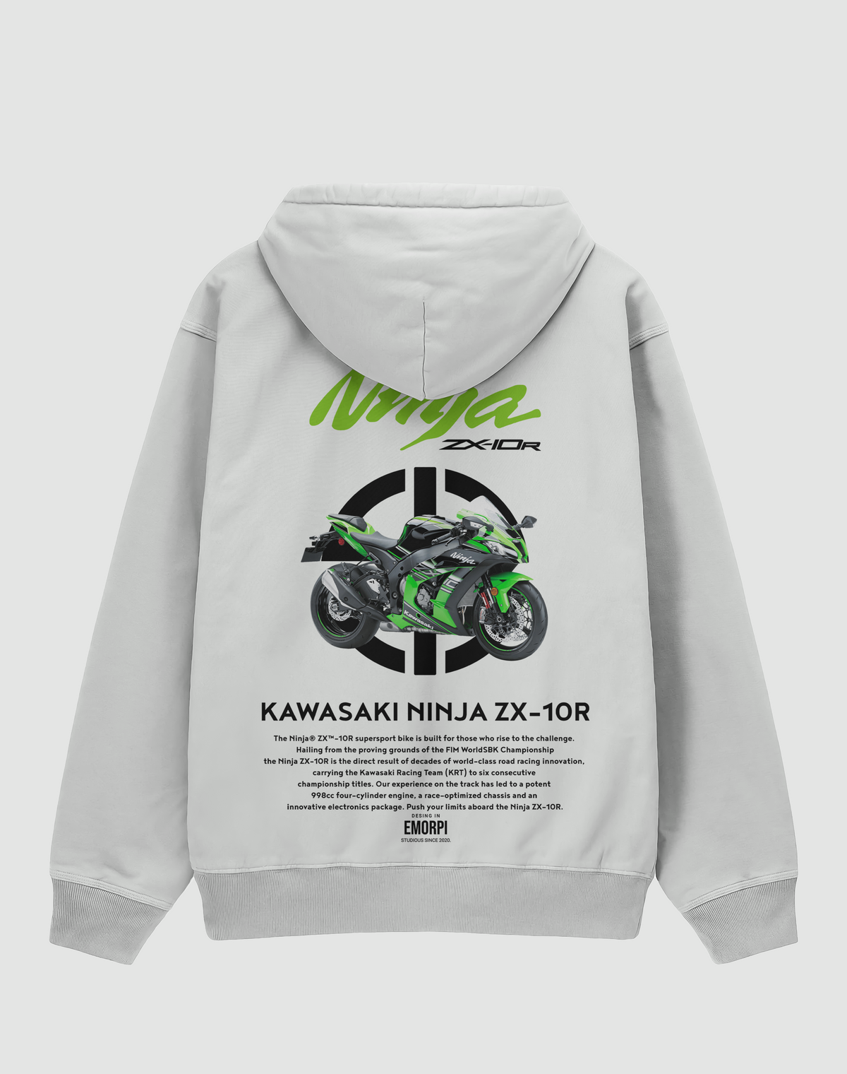Kawasaki Ninja ZX-10R baskılı oversize hoodie, beyaz, arkadan görünüm. Kawasaki Ninja ZX-10R çizimli sırt baskısı