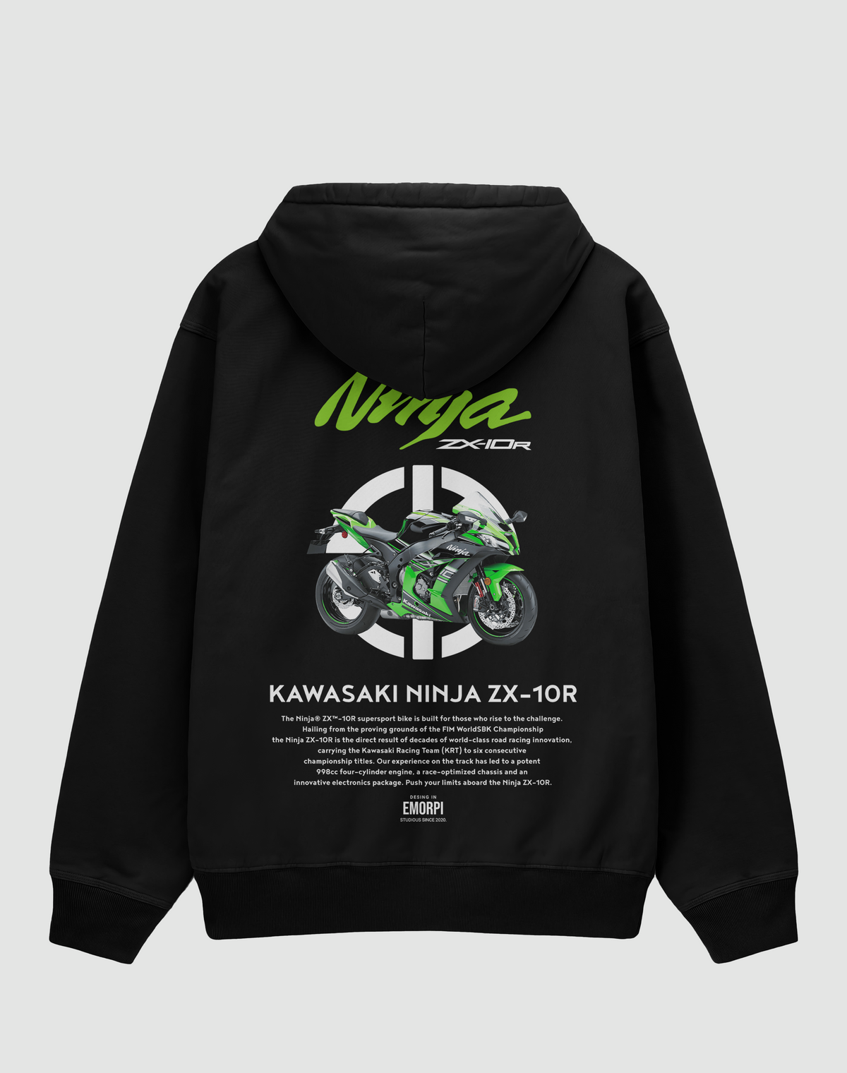 Kawasaki Ninja ZX-10R baskılı oversize hoodie, siyah, arkadan görünüm. Kawasaki Ninja ZX-10R çizimli sırt baskısı
