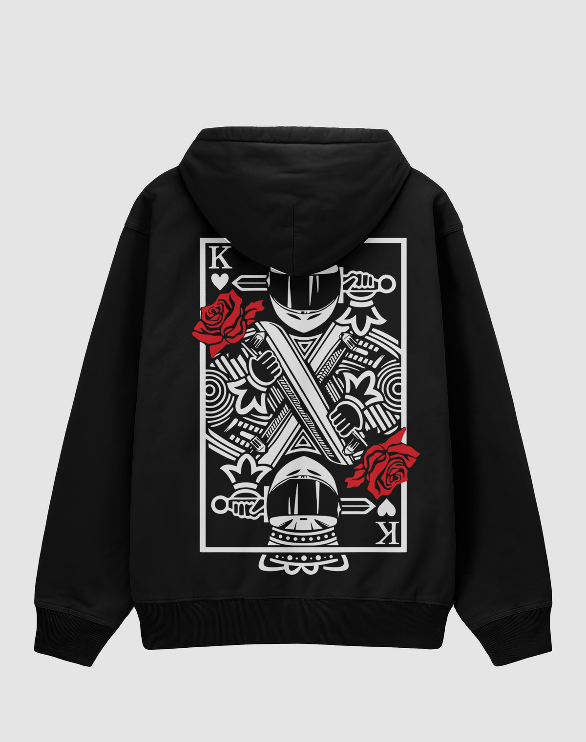 KİNG baskılı oversize motorcu hoodie, siyah, arkadan görünüm. Kırmızı güllü King kartı sırt baskısı