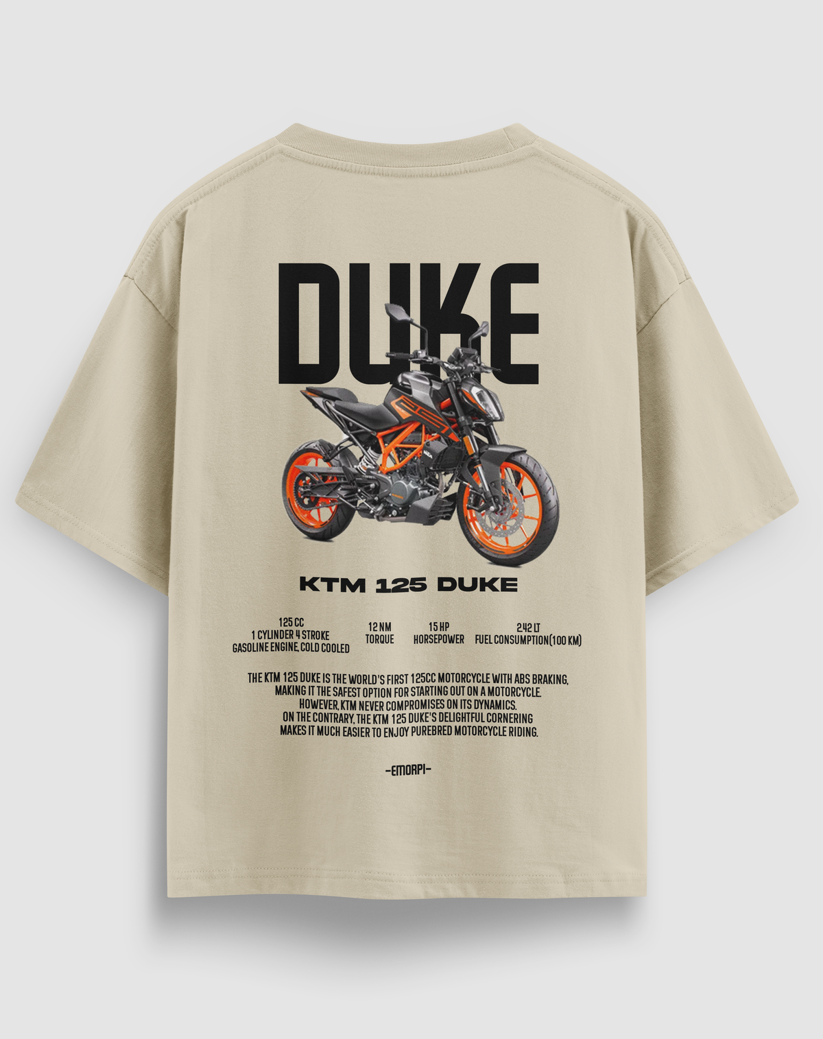 KTM 125 Duke baskılı motorcu tişört, bej, arkadan görünüm. KTM 125 Duke çizimli renkli sırt baskısı