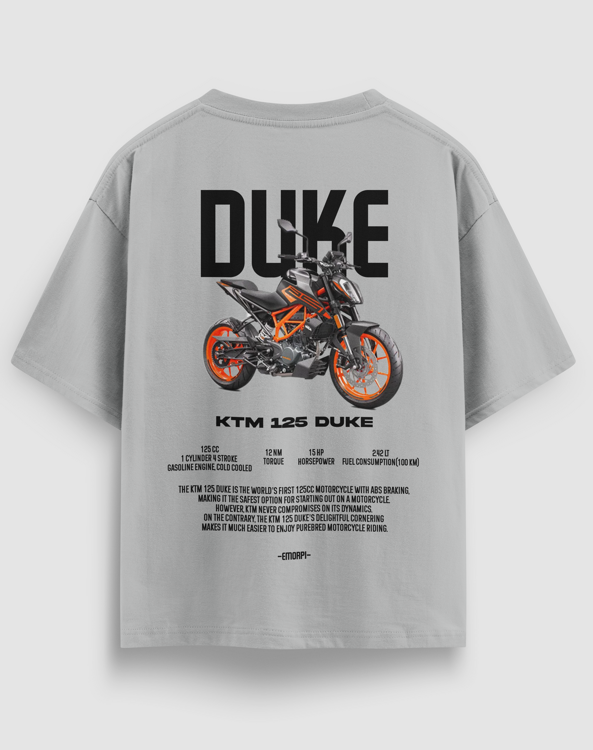 KTM 125 Duke baskılı motorcu tişört, gri, arkadan görünüm. KTM 125 Duke çizimli renkli sırt baskısı